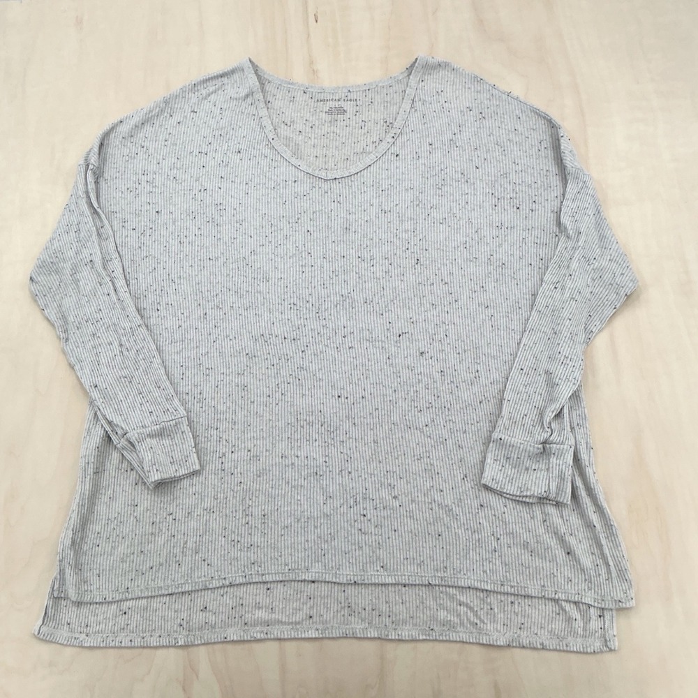 American Eagle Top Womens XL Gray Lightweight Speckled Ribbed Oversized V-Neck